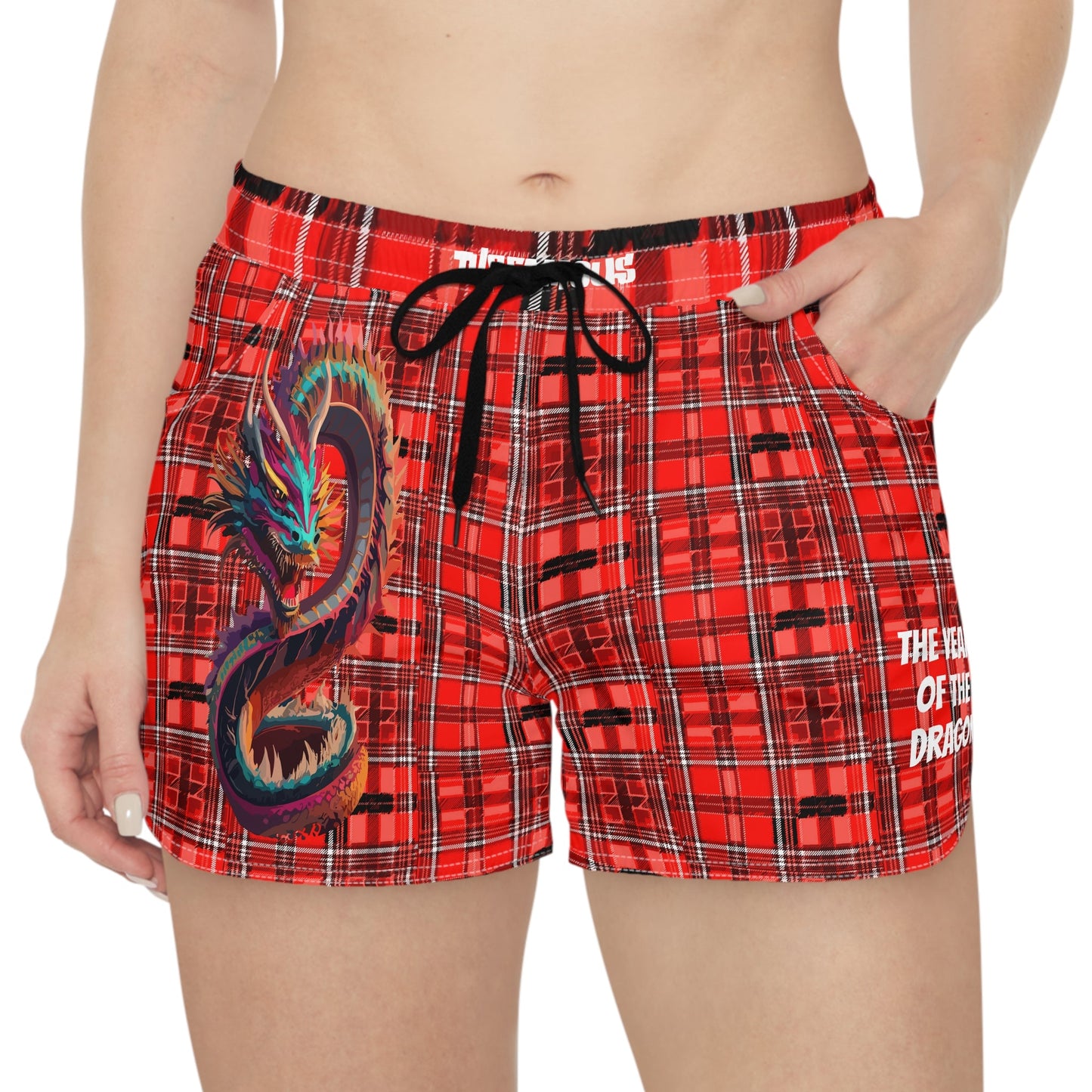 Activewear Women designer shorts - Red Plaid with a dragon tattoo.