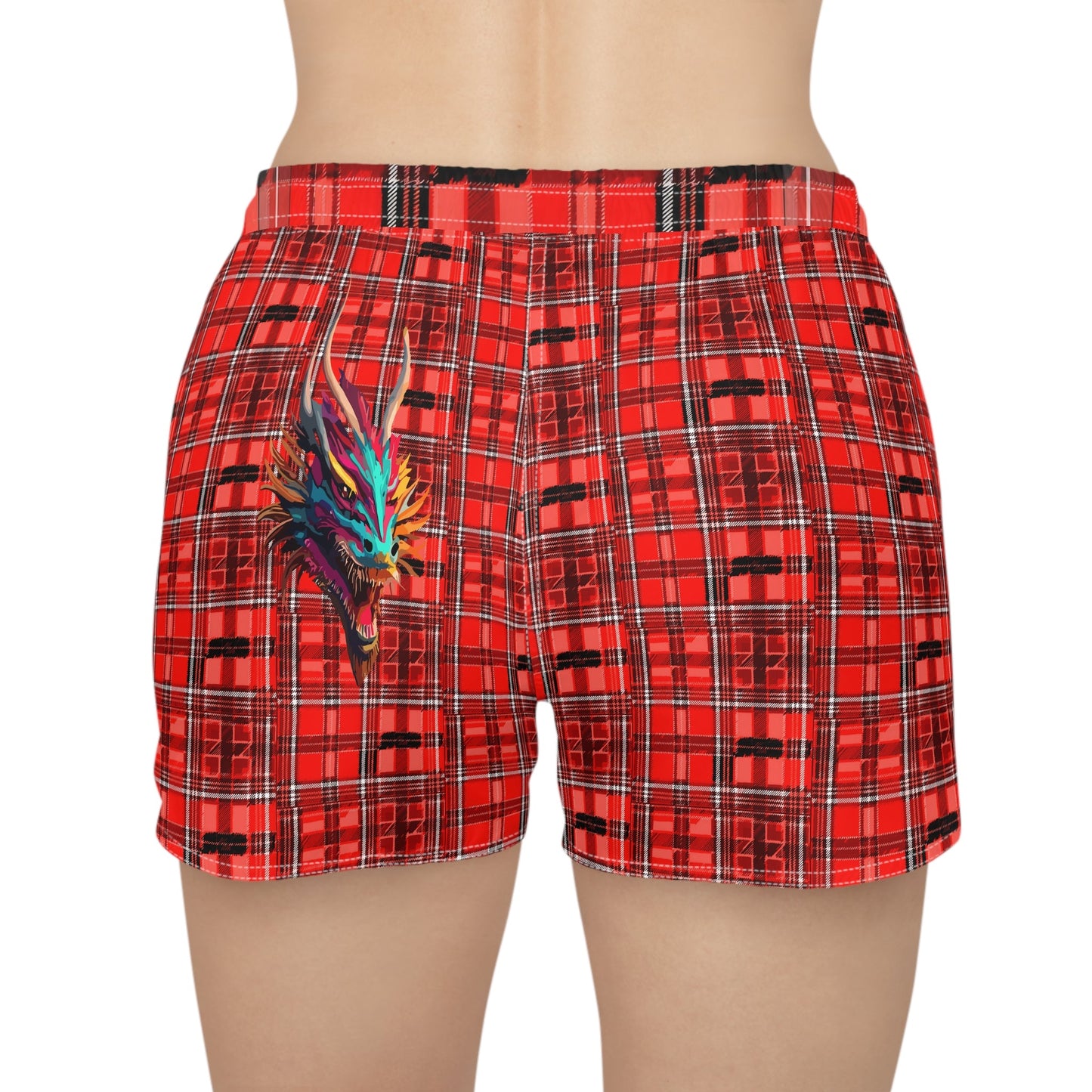 Activewear Women designer shorts - Red Plaid with a dragon tattoo.