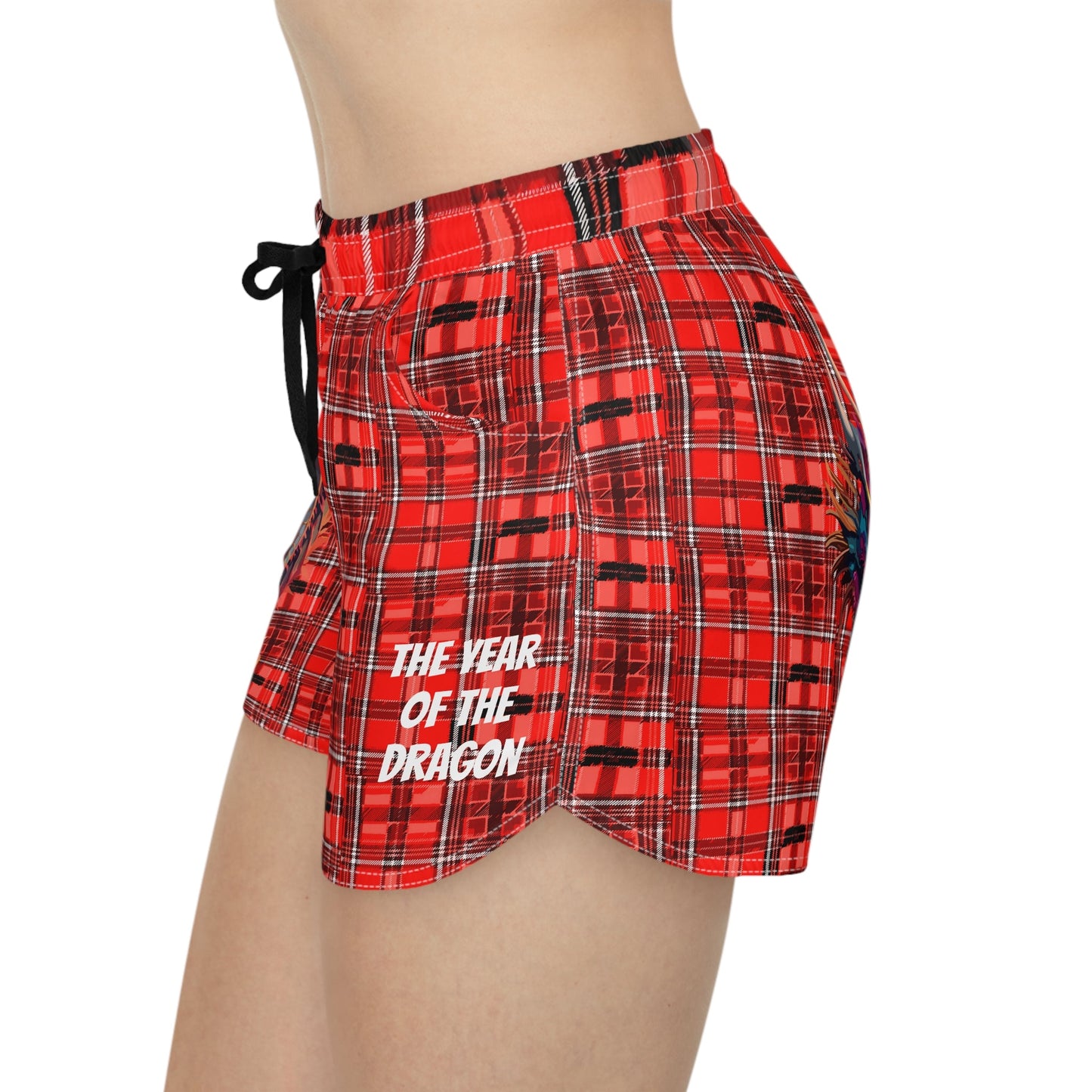 Activewear Women designer shorts - Red Plaid with a dragon tattoo.