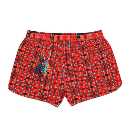 Activewear Women designer shorts - Red Plaid with a dragon tattoo.