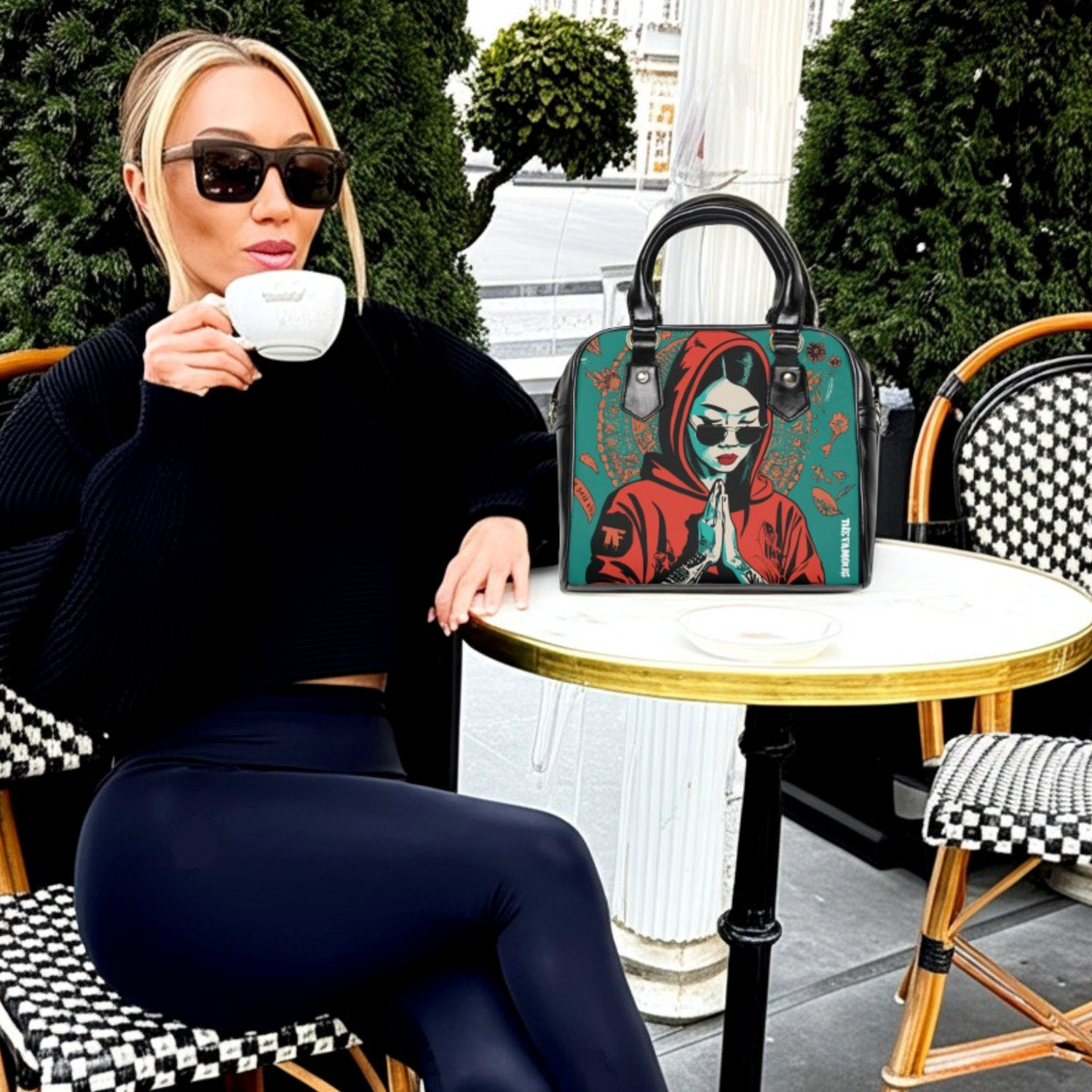 Woman sitting at an outdoor cafe table with the colorful AKANE handbag next to her