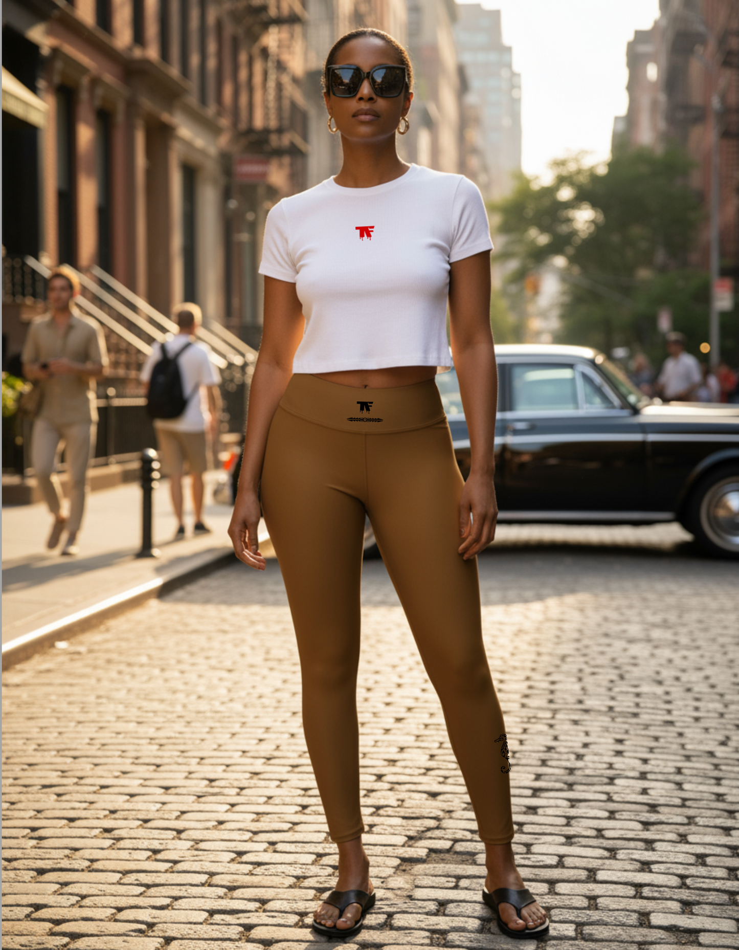 Quiet luxury activewear for woman - Camel leggings with unique black tattoos