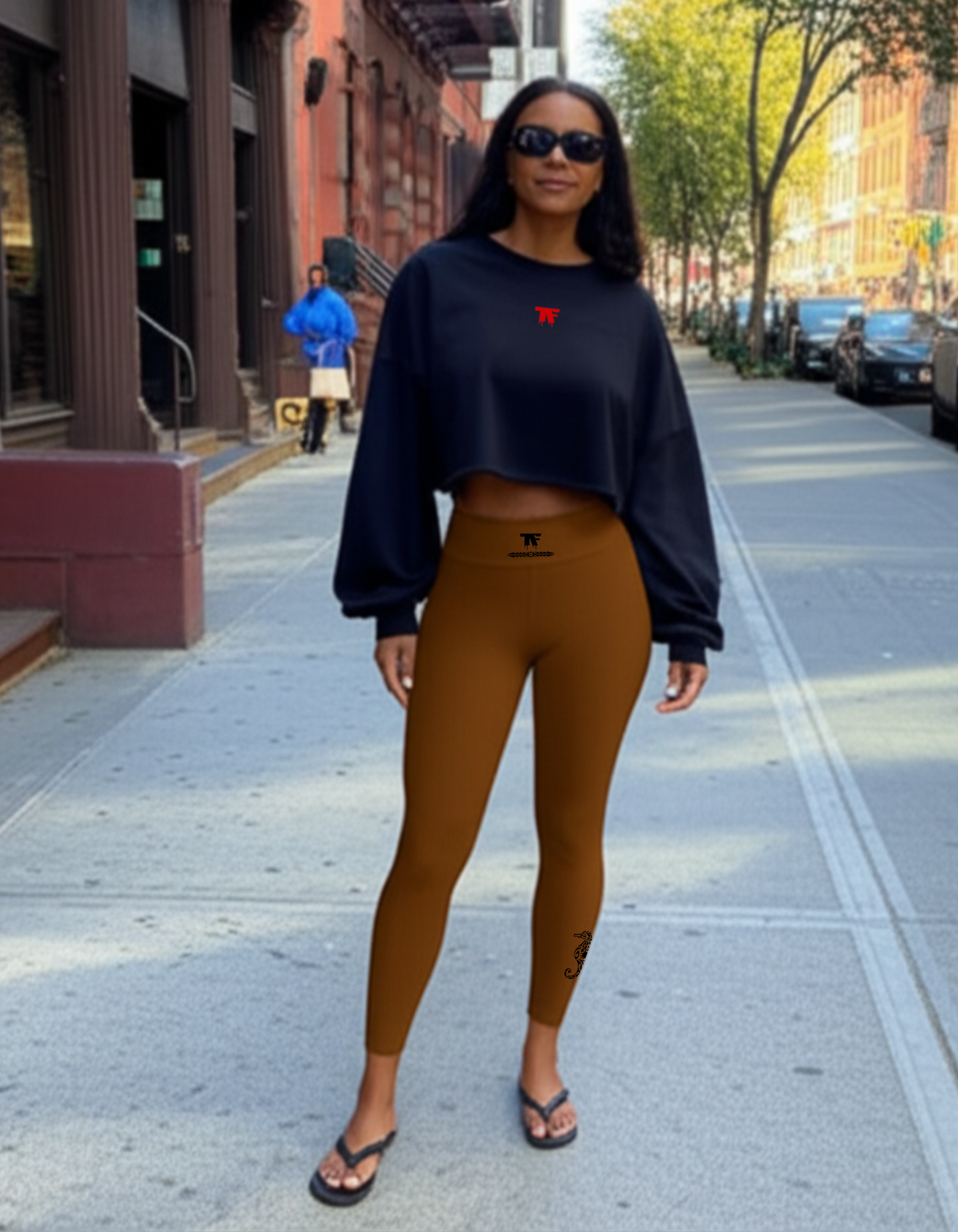 Quiet luxury activewear for woman - Camel leggings with unique black tattoos