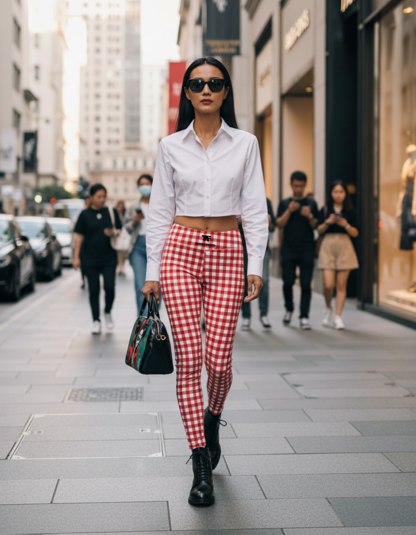 60s Gingham high waisted Leggings Red & White | Limited Edition TheFamous Studio