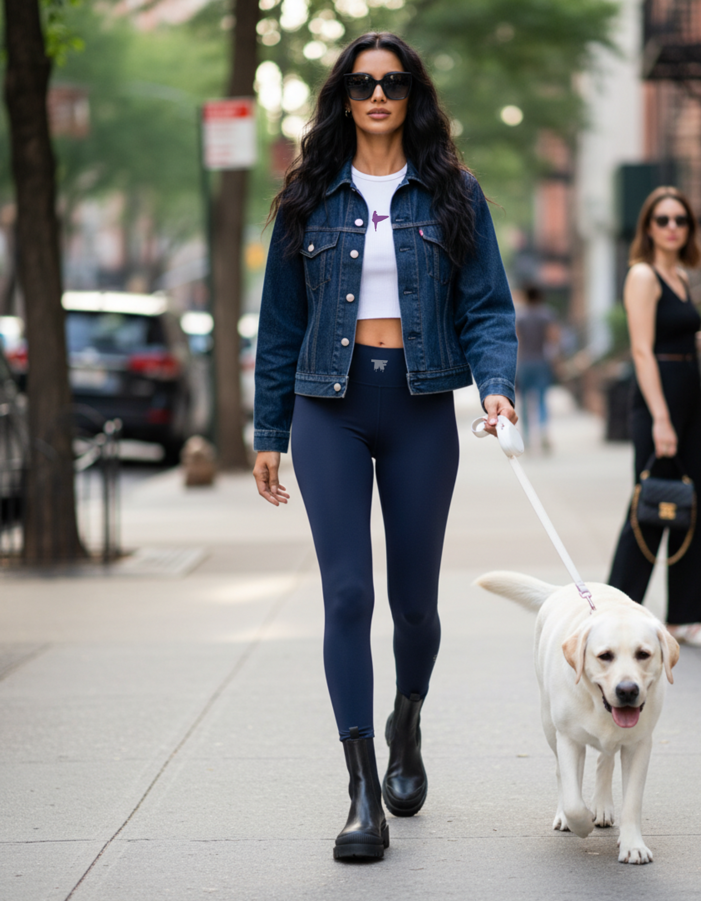 Activewear for women - Blue Denim Leggings with unique Grey tattoos.