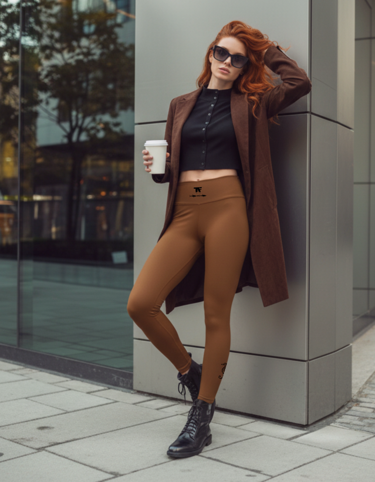 Quiet luxury activewear for woman - Camel leggings with unique black tattoos