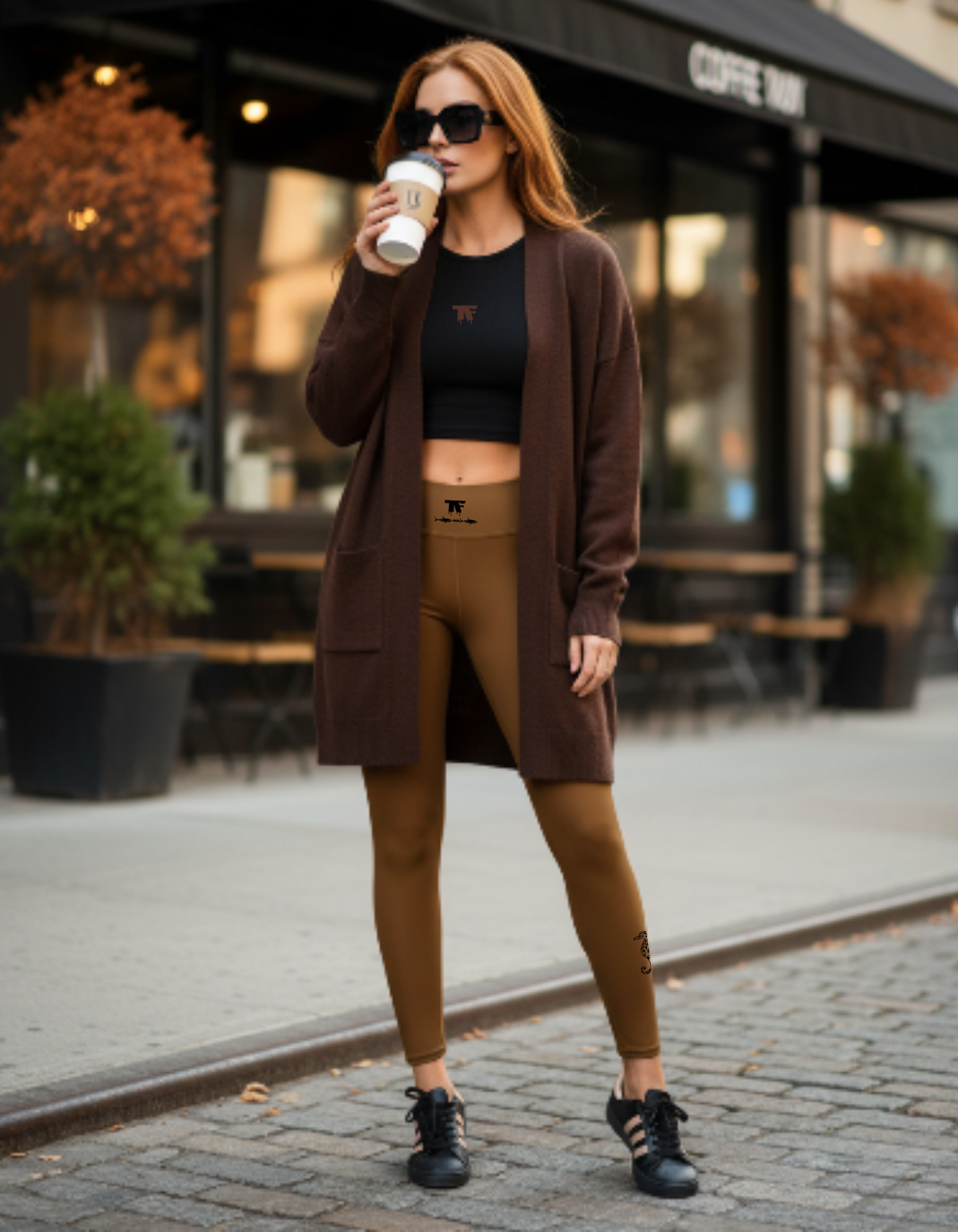 Quiet luxury activewear for woman - Camel leggings with unique black tattoos