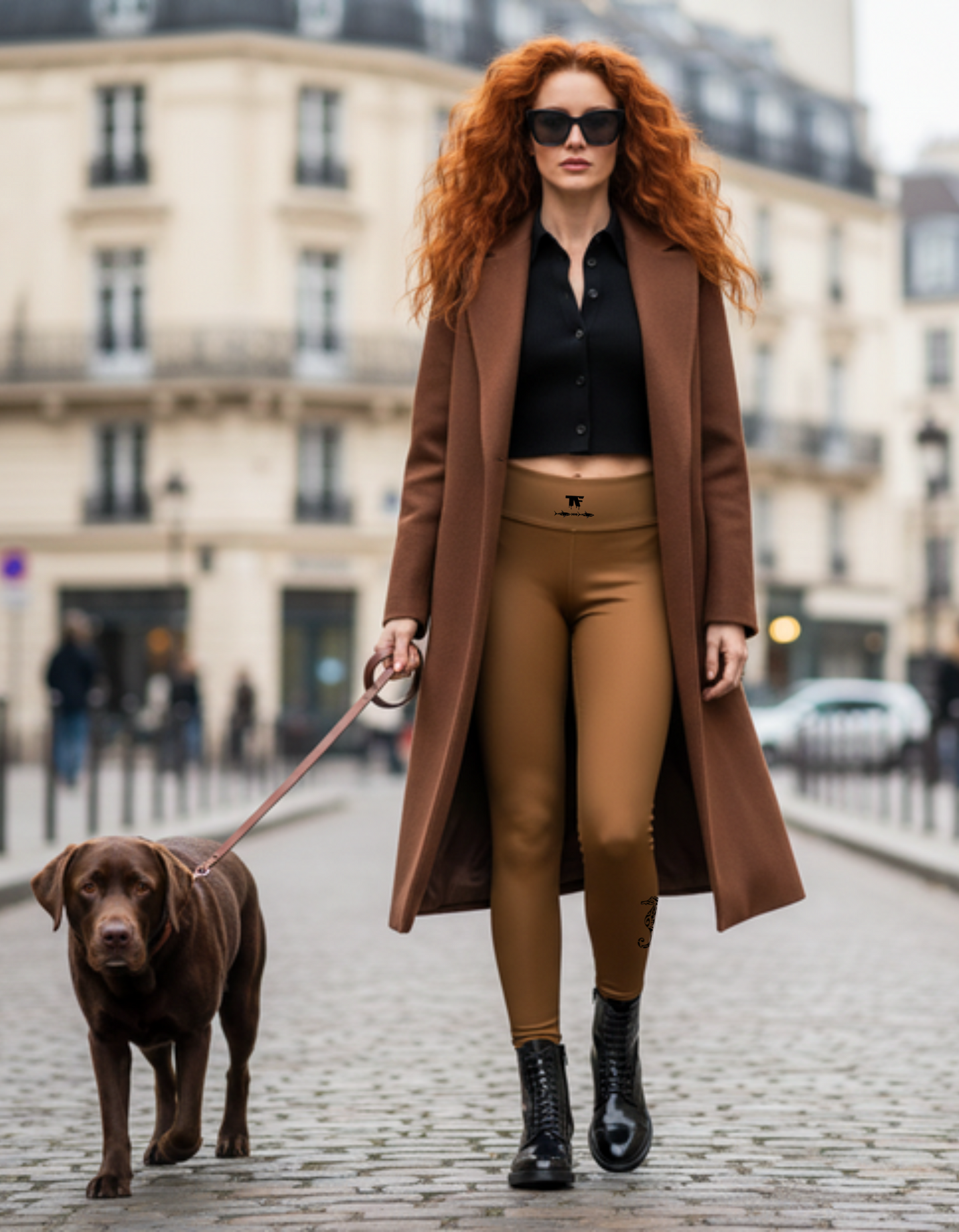 Quiet luxury activewear for woman - Camel leggings with unique black tattoos