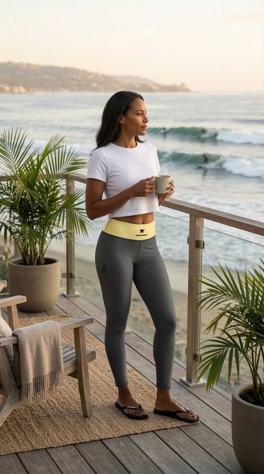 Casual Chic Travel Activewear for women | Yoga Leggings Grey & Butter Yellow | Limited Edition TheFamous Studio