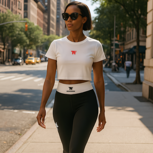 Woman walking on a city street wearing a white crop top with a logo and black leggings. with a whtie waist
