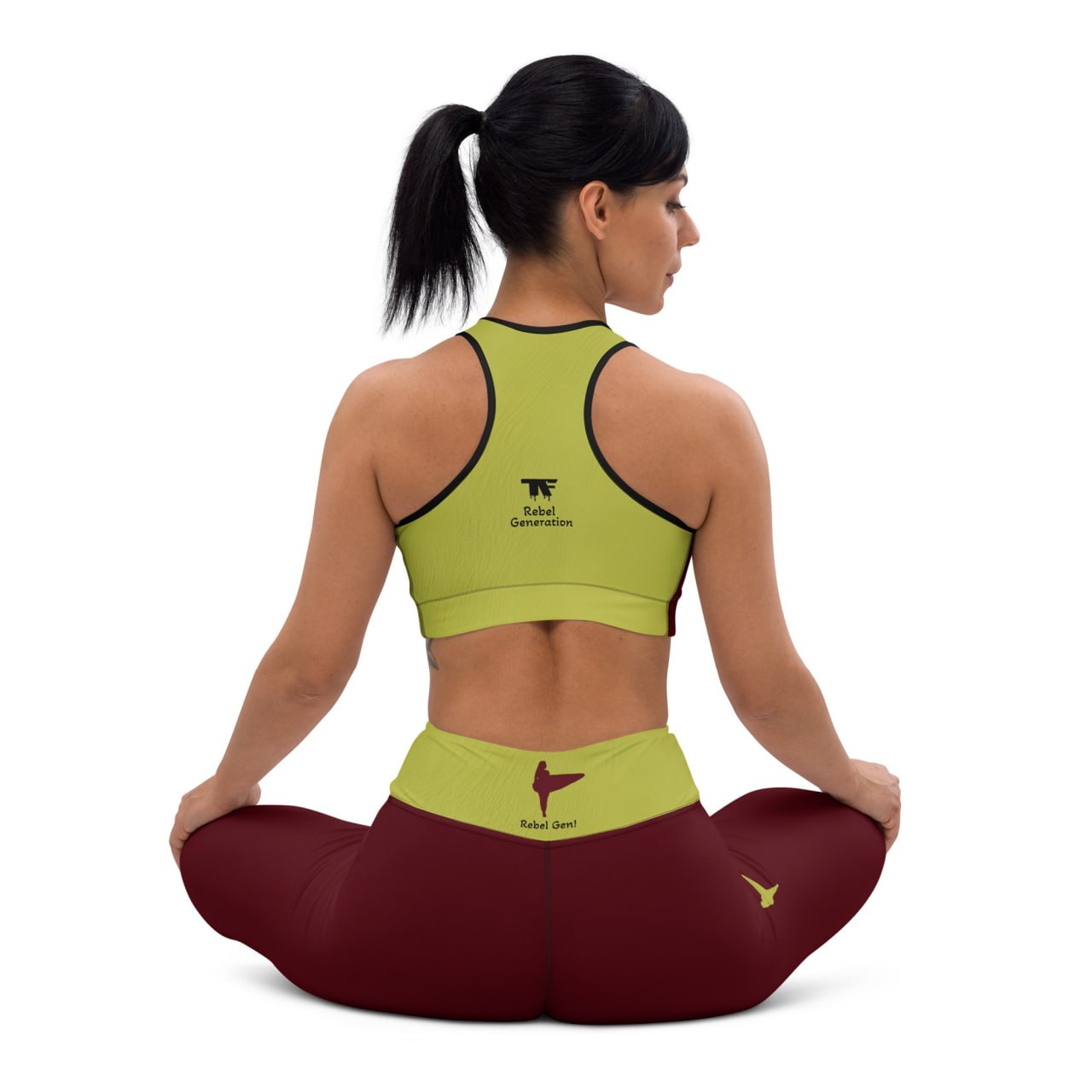 Activewear for women. Luxury Burgundy limited edition leggings with an anis waist and surfer tattoos.