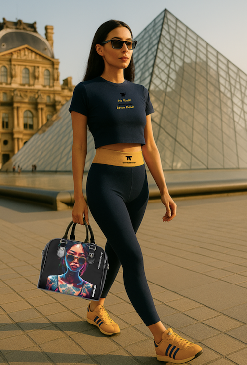 Activewear for women - Yoga Leggings Outfit blue indigo with a yellow waist and small tattoos | Limited edition TheFamous Studio