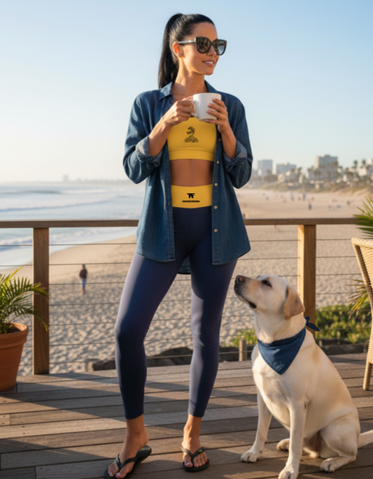 Activewear for women - Yoga Leggings Outfit blue indigo with a yellow waist and small tattoos | Limited edition TheFamous Studio