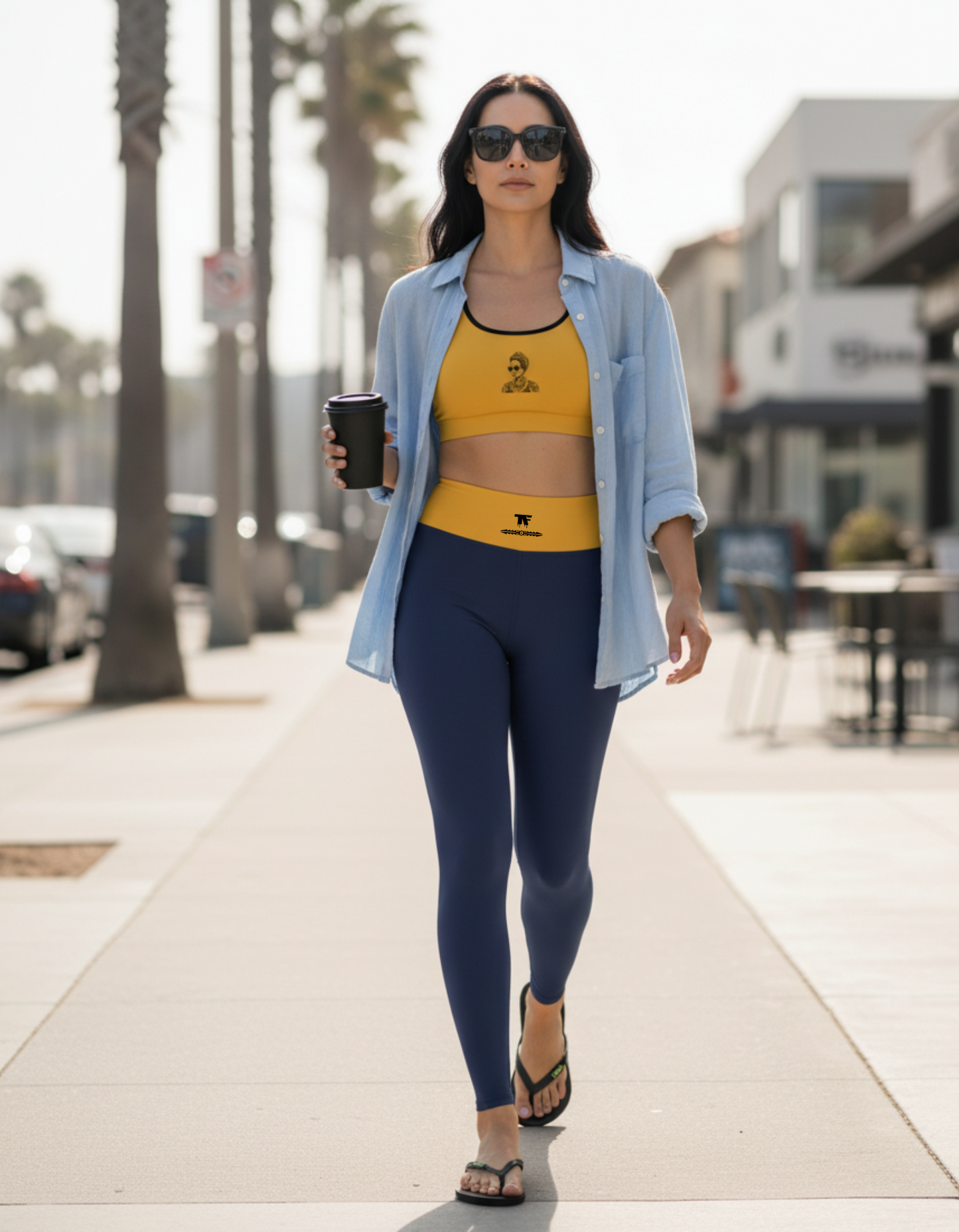 Activewear for women - Yoga Leggings Outfit blue indigo with a yellow waist and small tattoos | Limited edition TheFamous Studio
