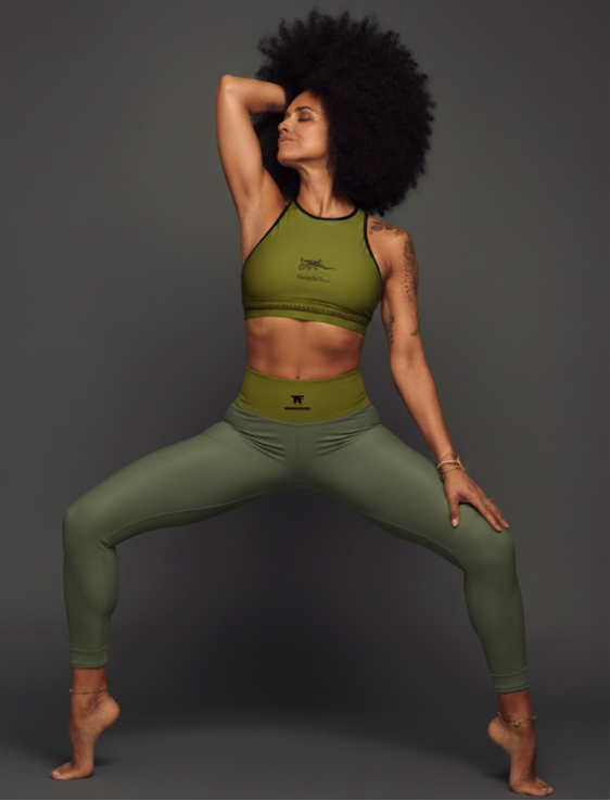 Padded Sports Bra + High Waisted Leggings Nomad Khaki Garrigue | Limited Edition TheFamous Studio