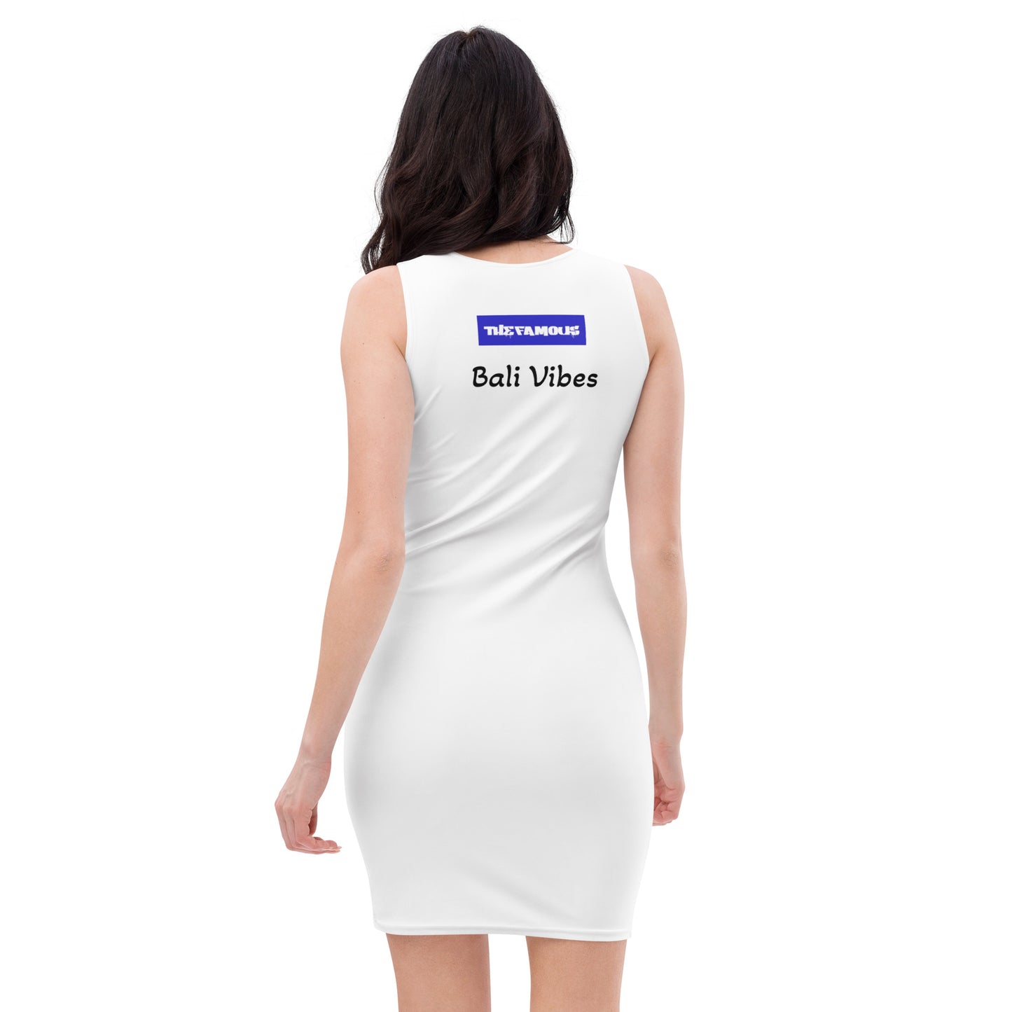 Activewear for women. white vintage streetwear dress with a surfer and her board on the beach as design