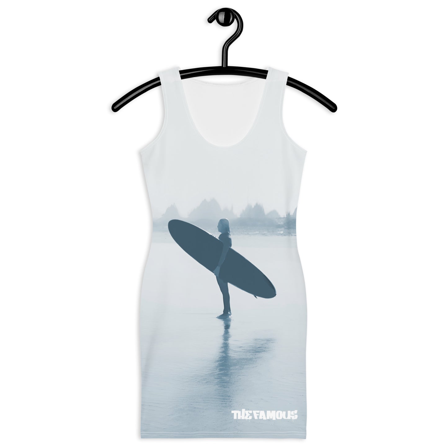 Activewear for women. white vintage streetwear dress with a surfer and her board on the beach as design