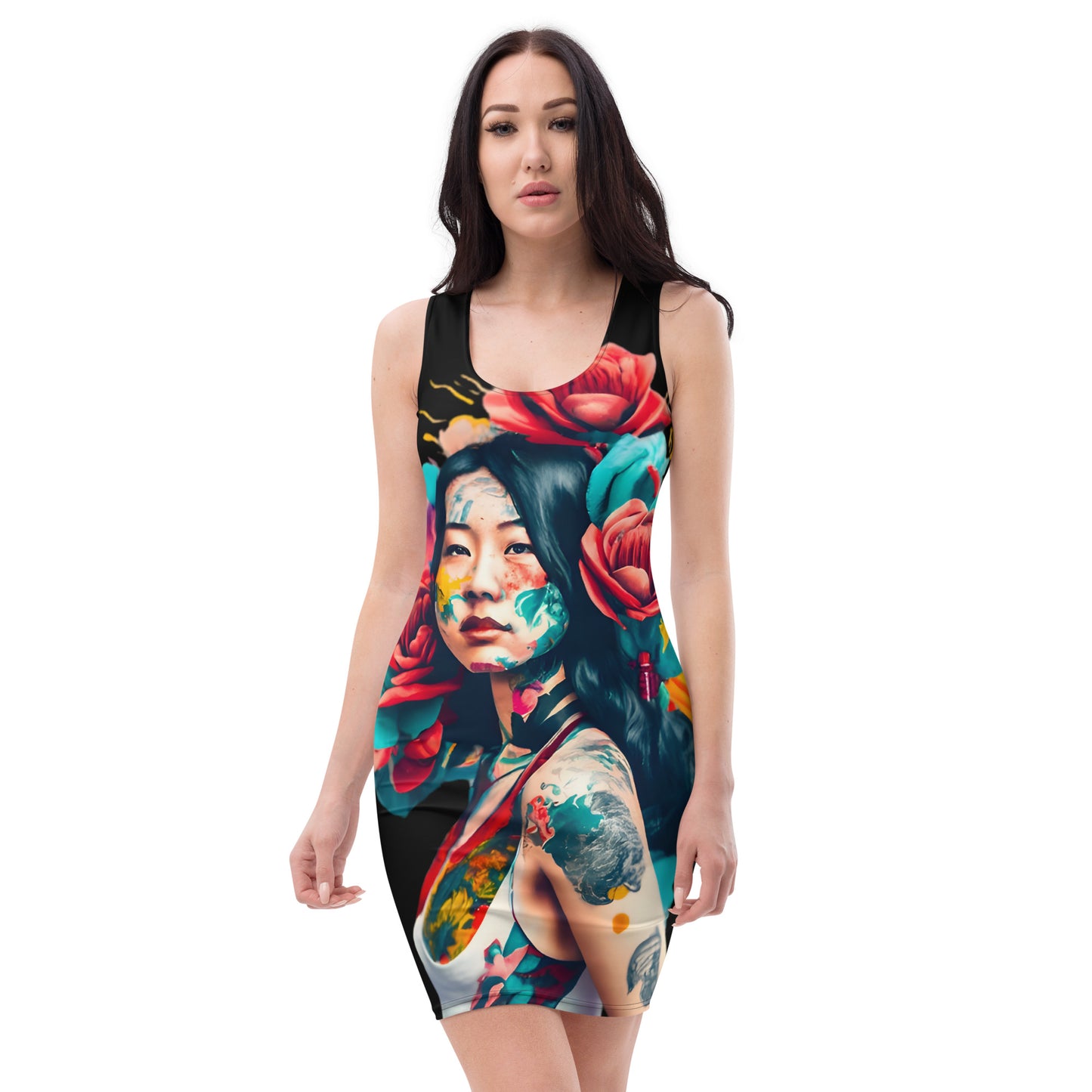 Activewear for women. Black streetwear dress with digital art design from TheFamous activewear studio