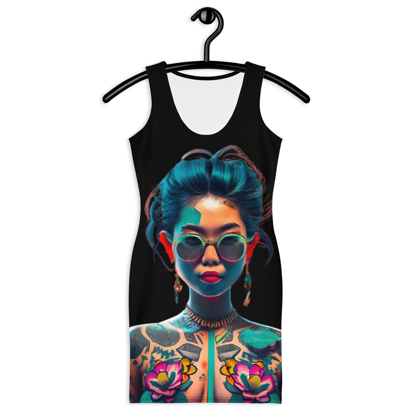 Activewear for women. Black streetwear dress with digital art design.