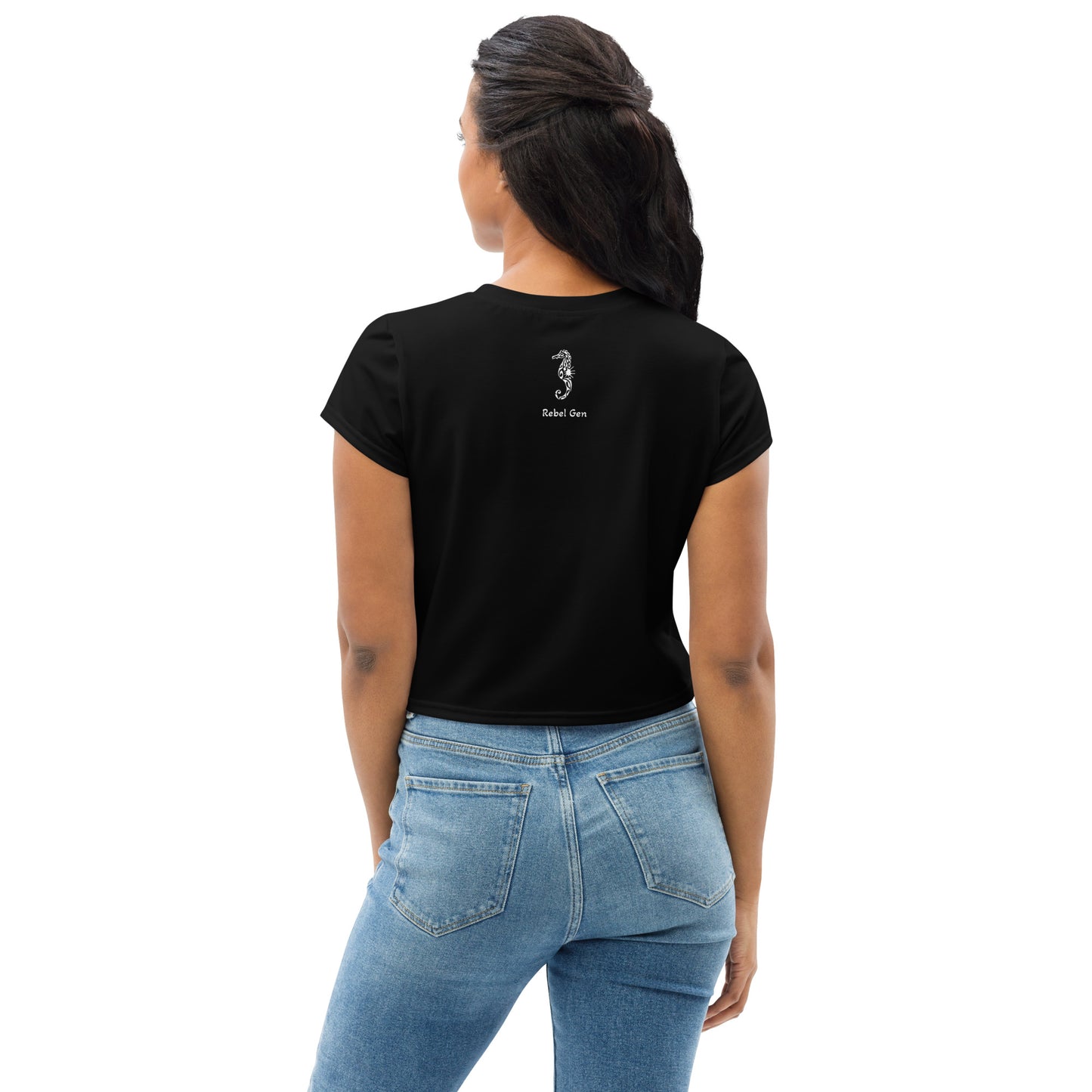 Activewear. Women crop tops black with red tattoos. Slogan : No Plastic Better Planet