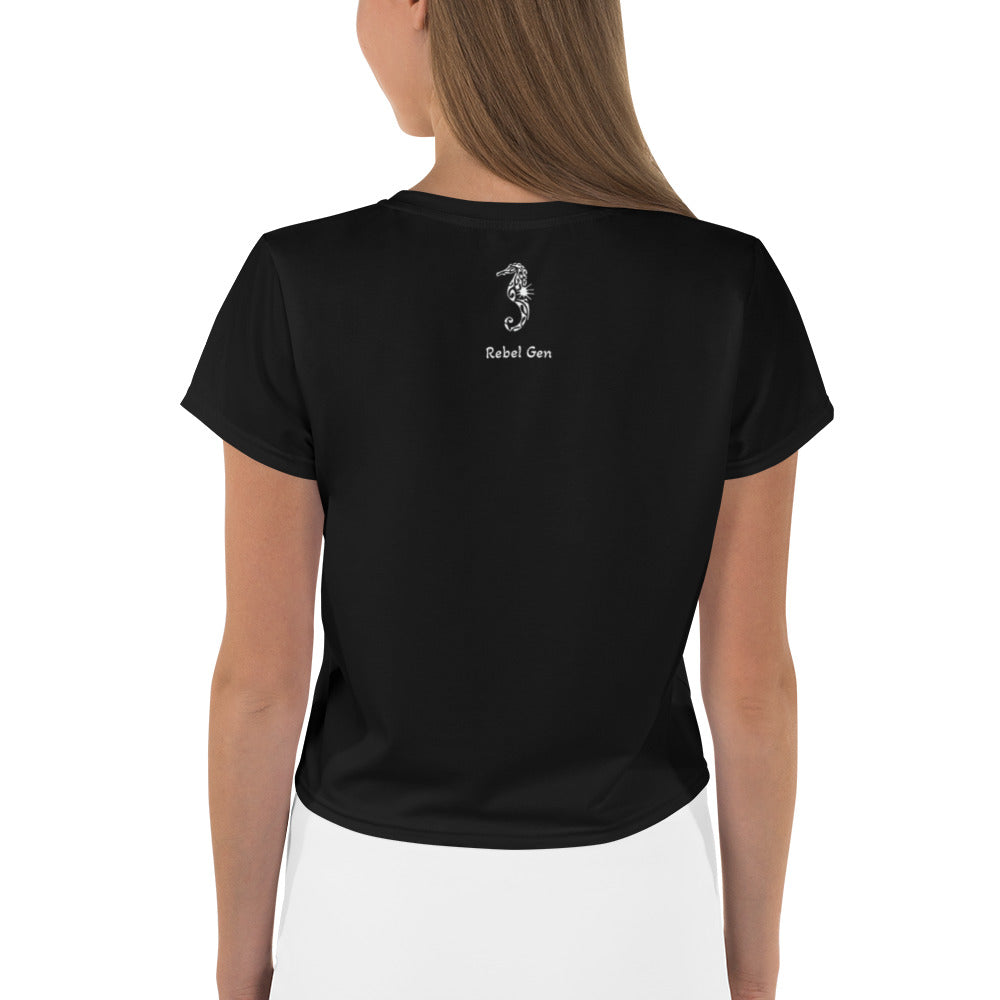 Activewear. Women crop tops black with red tattoos. Slogan : No Plastic Better Planet