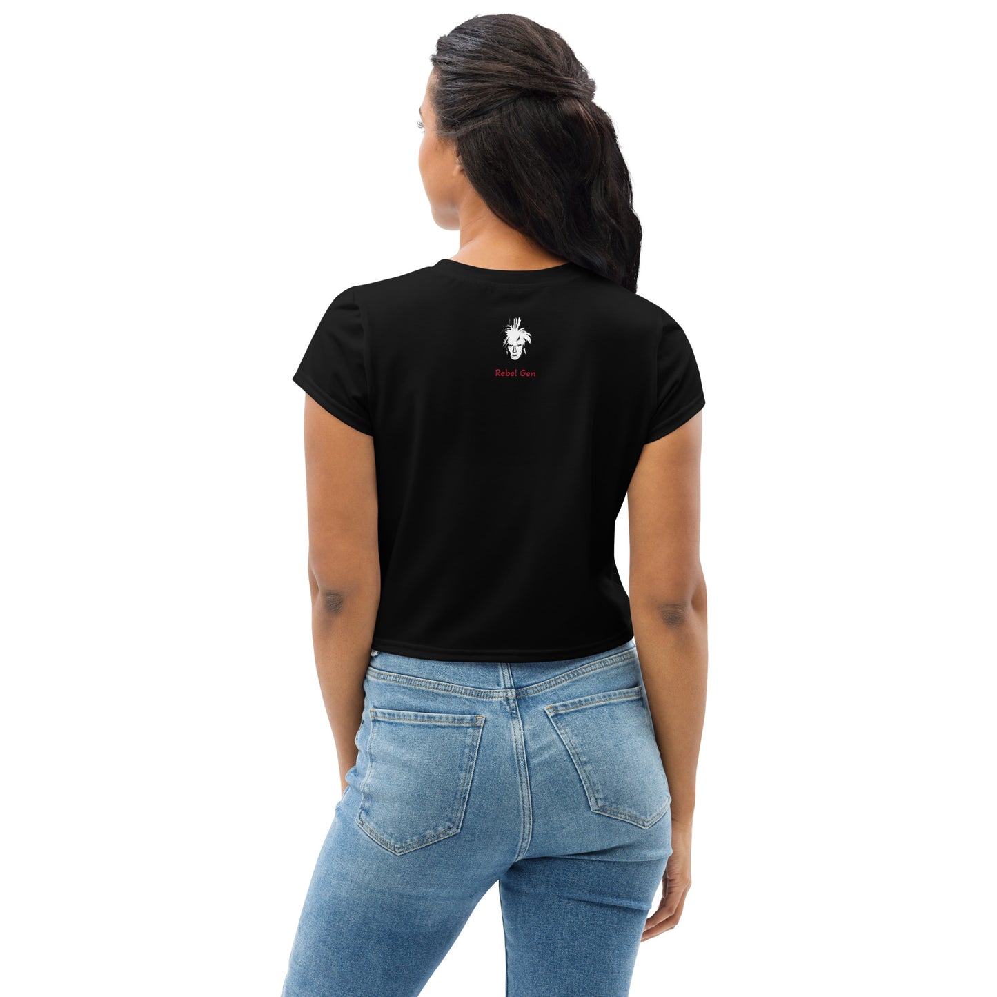 Activewear women crop tops black with red tags and a 'No Culture, No Future' slogan. Limited edition from TheFamous Activewear Studio