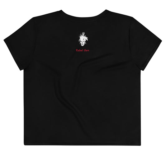 Activewear women crop tops black with red tags and a 'No Culture, No Future' slogan. Limited edition from TheFamous Activewear Studio
