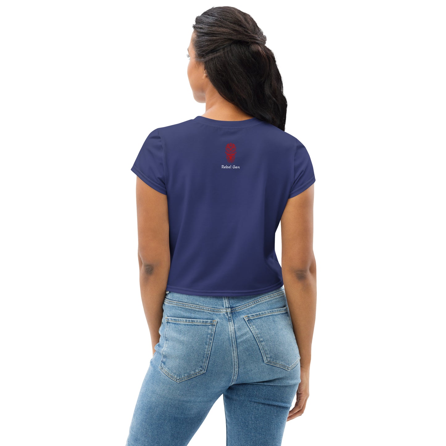 Activewear women crop tops blue indigo with red tags and a 'No Soul No Future' slogan. TheFamous Activewear studio limited edition