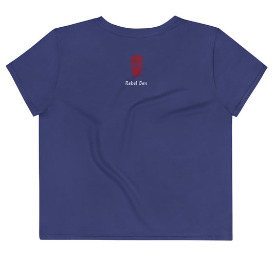 Activewear women crop tops blue indigo with red tags and a 'No Soul No Future' slogan. TheFamous Activewear studio limited edition