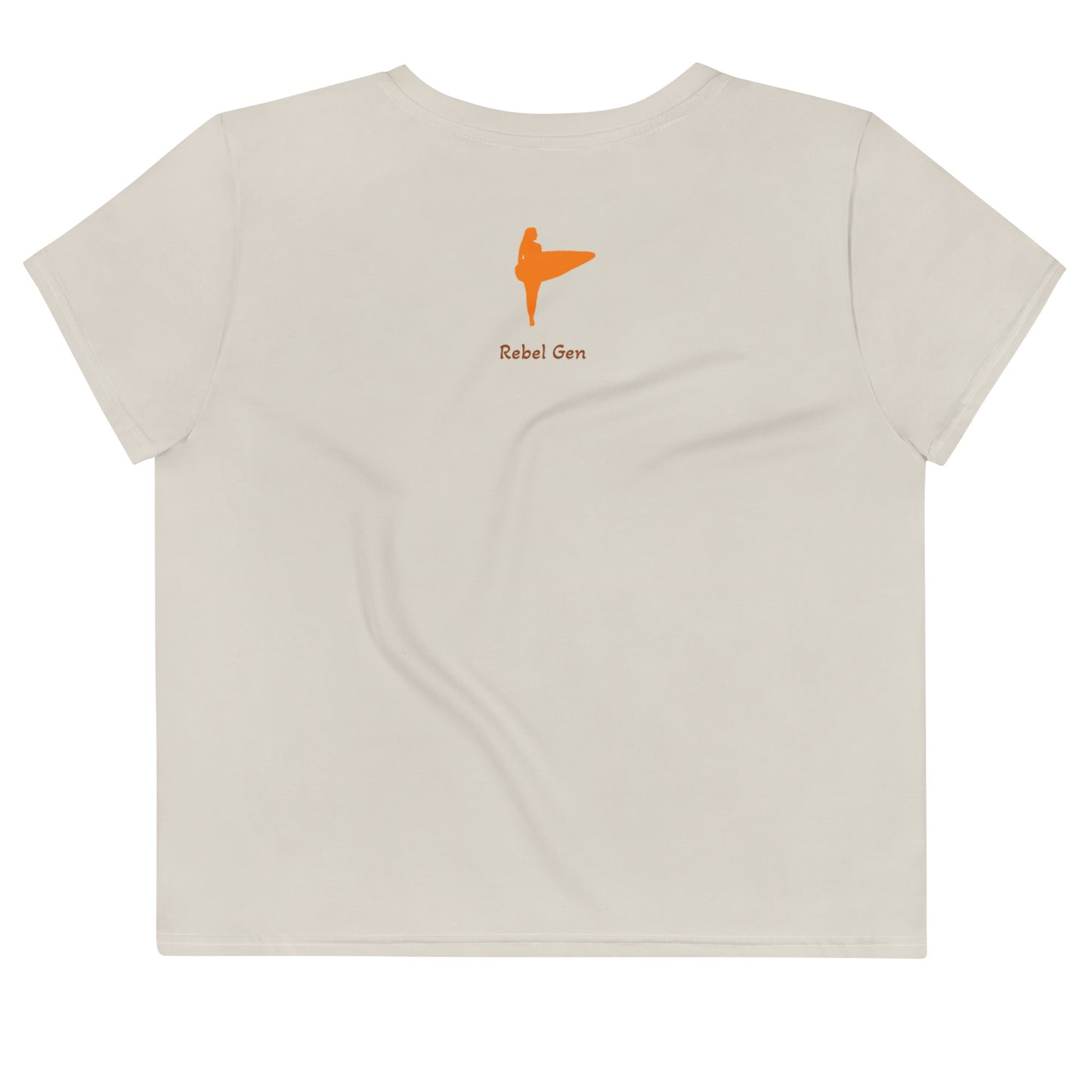 Activewear. women crop tops beige with orange tags and a 'No Soul, No Future' slogan. Limited edition crop tee.
