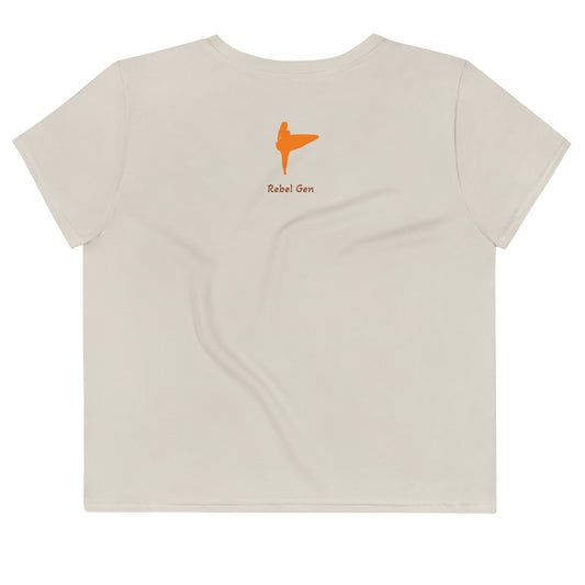Activewear. women crop tops beige with orange tags and a 'No Soul, No Future' slogan. Limited edition crop tee.