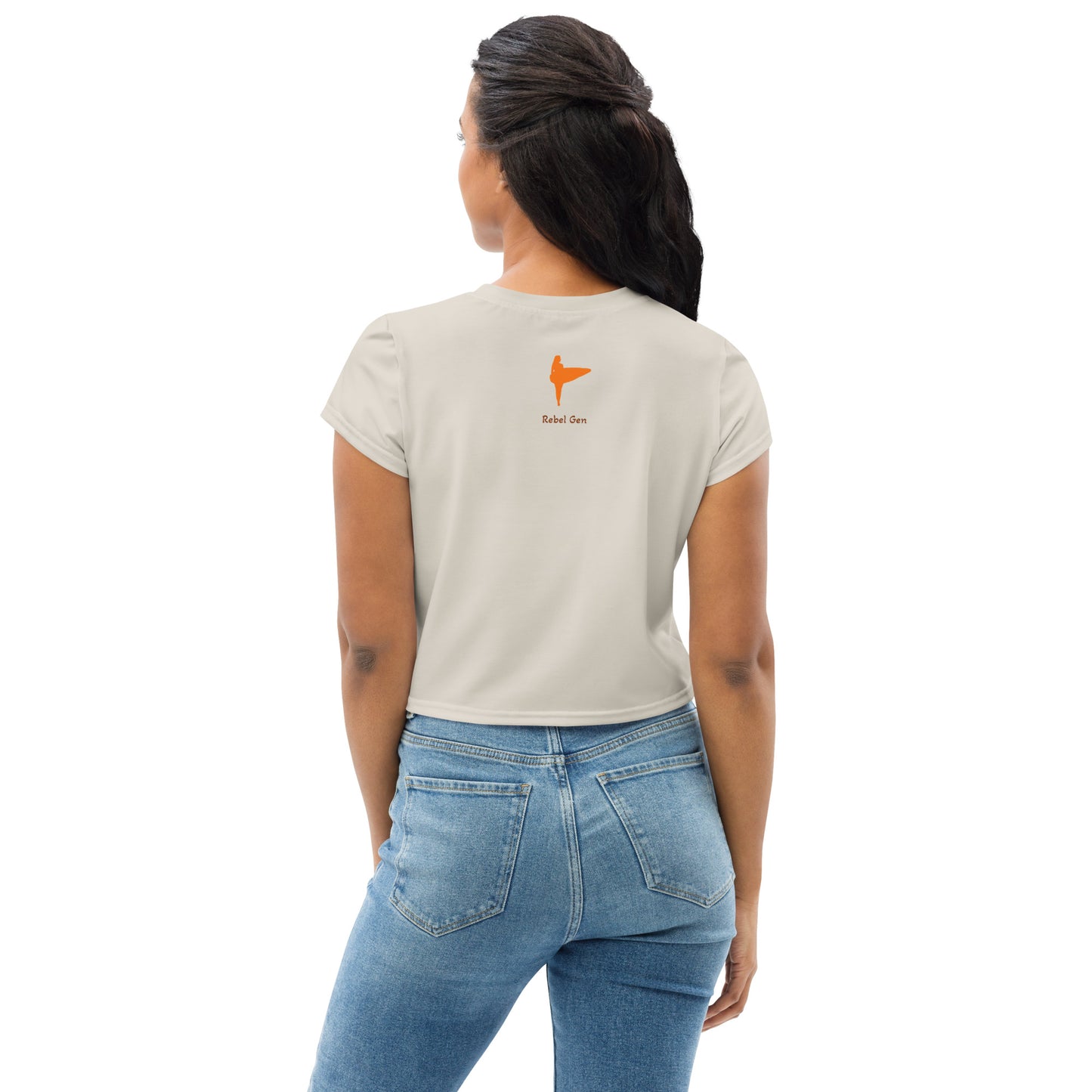 Activewear. women crop tops beige with orange tags and a 'No Soul, No Future' slogan. Limited edition crop tee.