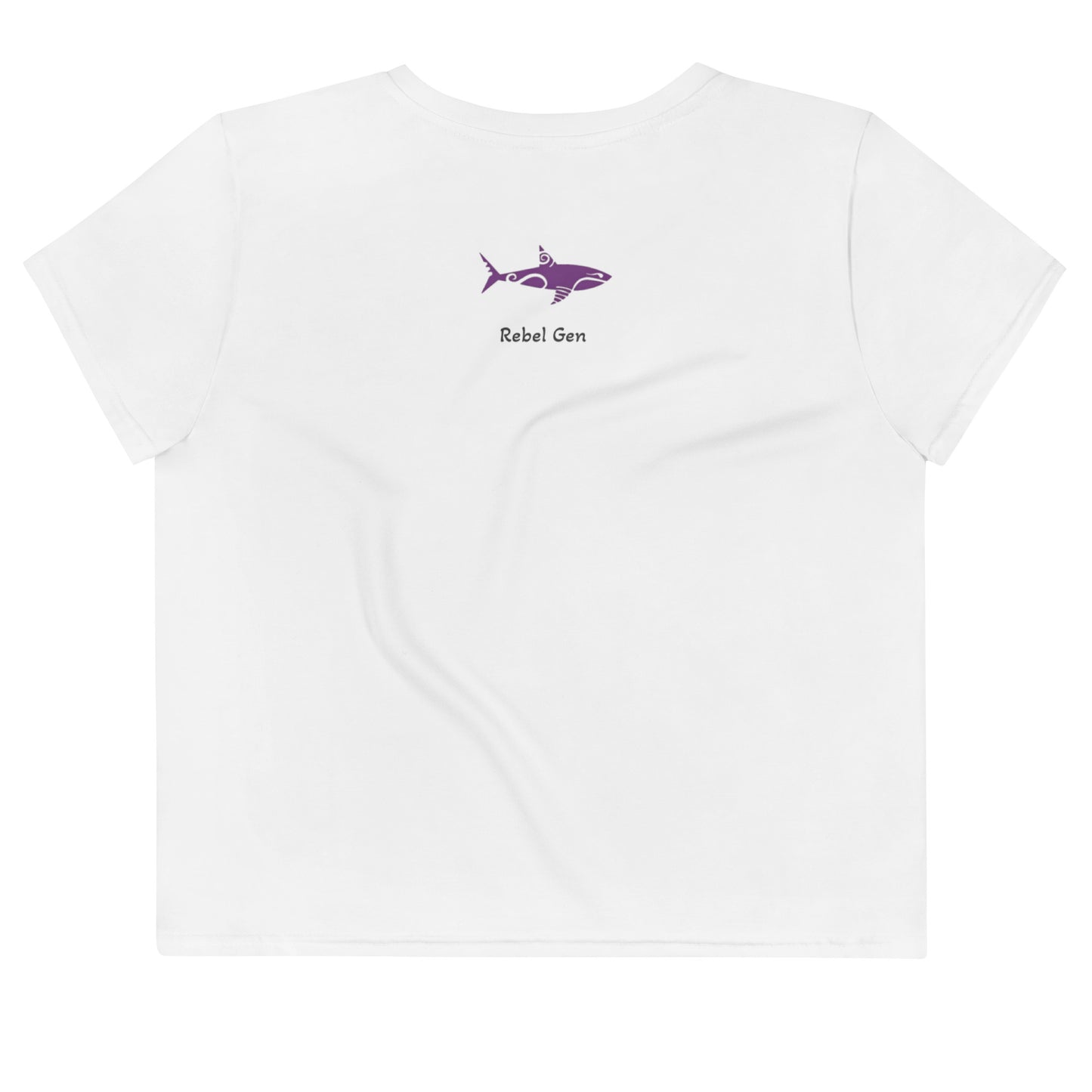 Activewear women crop tops white with purple tags and a 'No Plastic, Better Planet' slogan . Powered by TheFamous activewear studio in limited editions