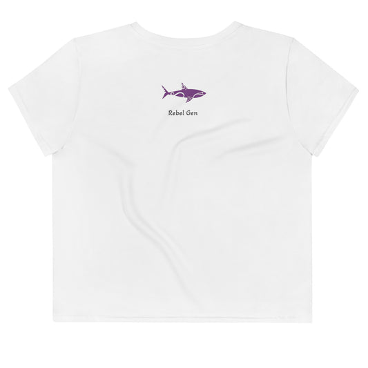 Activewear women crop tops white with purple tags and a 'No Plastic, Better Planet' slogan . Powered by TheFamous activewear studio in limited editions