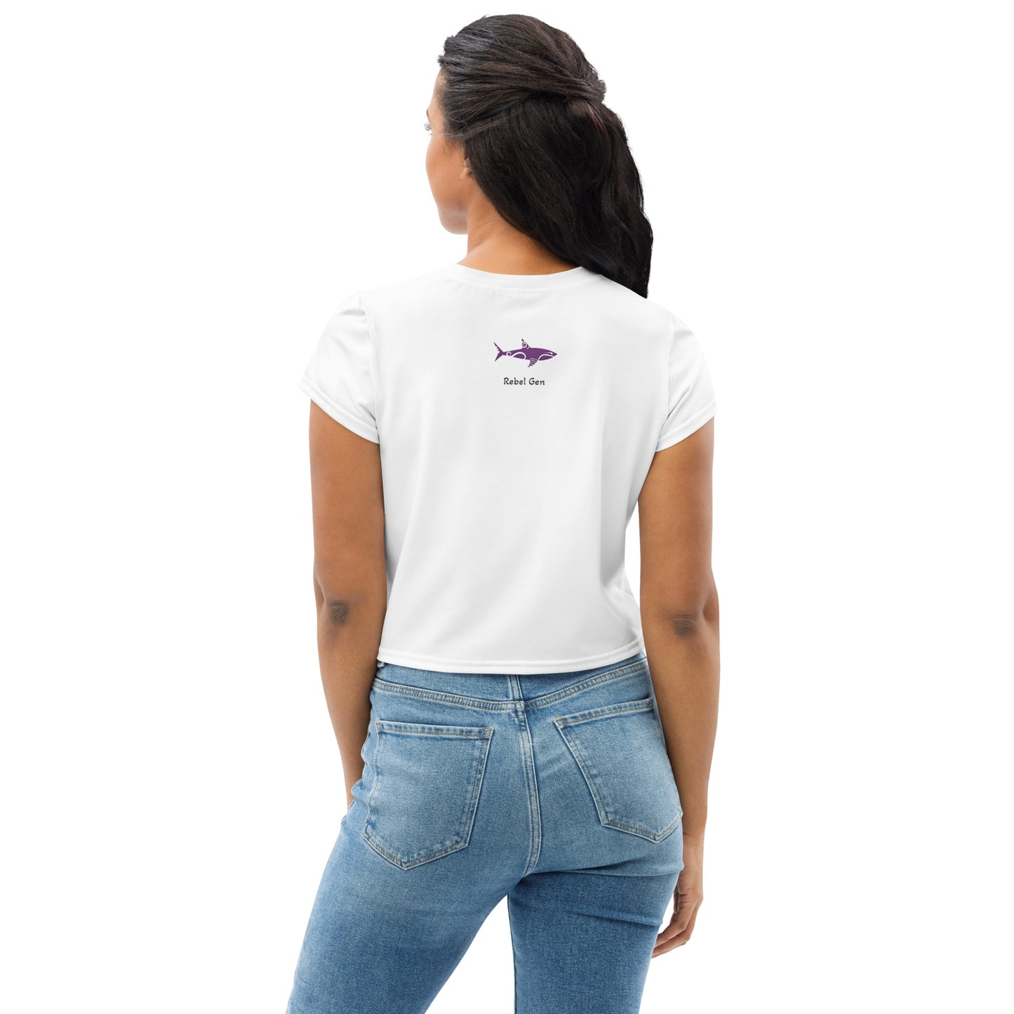 Activewear women crop tops white with purple tags and a 'No Plastic, Better Planet' slogan . Powered by TheFamous activewear studio in limited editions