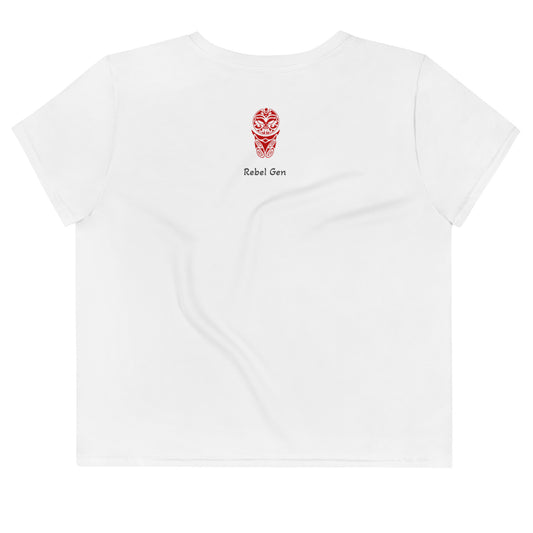 Activewear women crop tops white with red tags and a 'No Culture No Future' slogan. Powered by TheFamous Activewear Studio in Limited editions