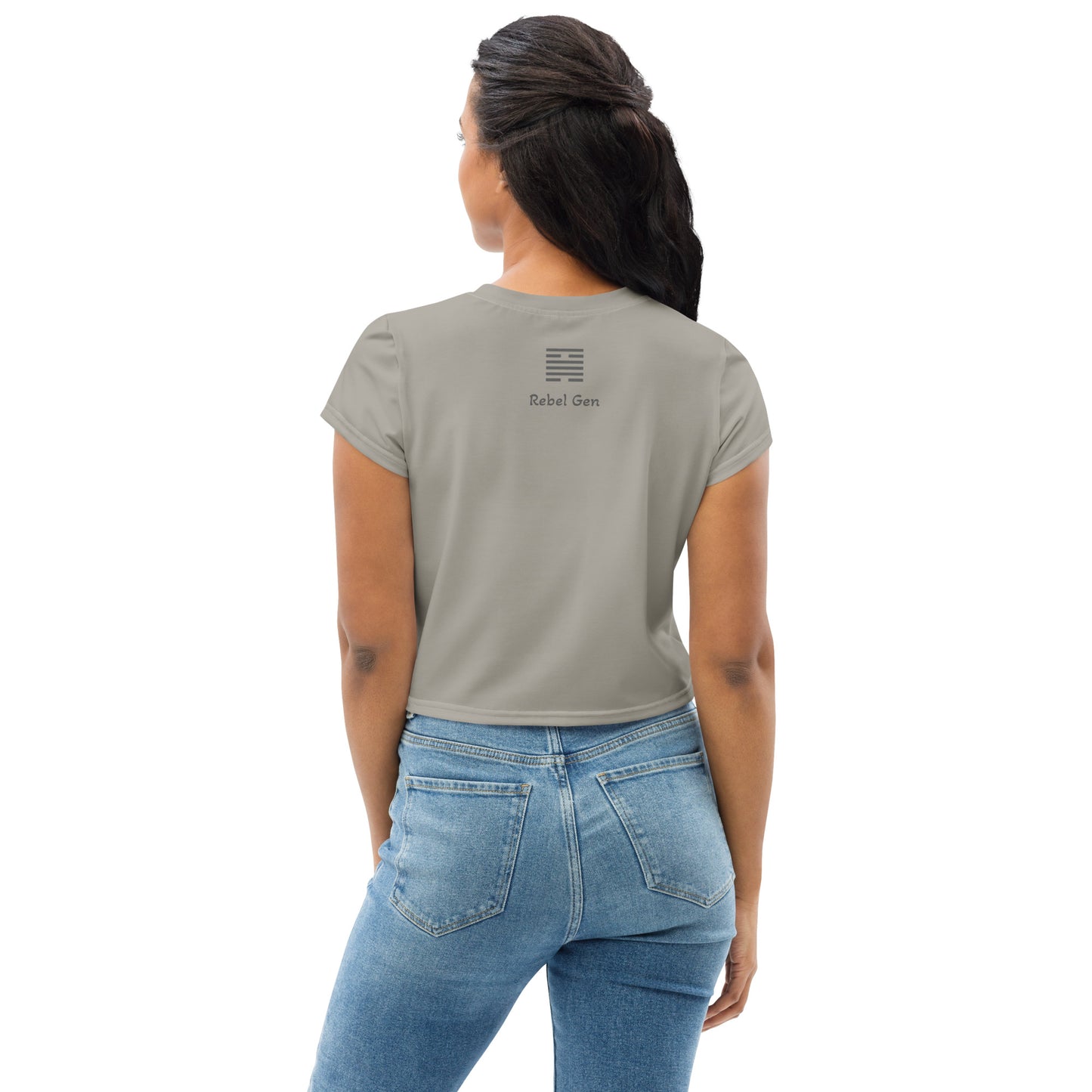 Activewear for women. Crop tops Khaki with pink logo and a 'No Culture No Future' slogan