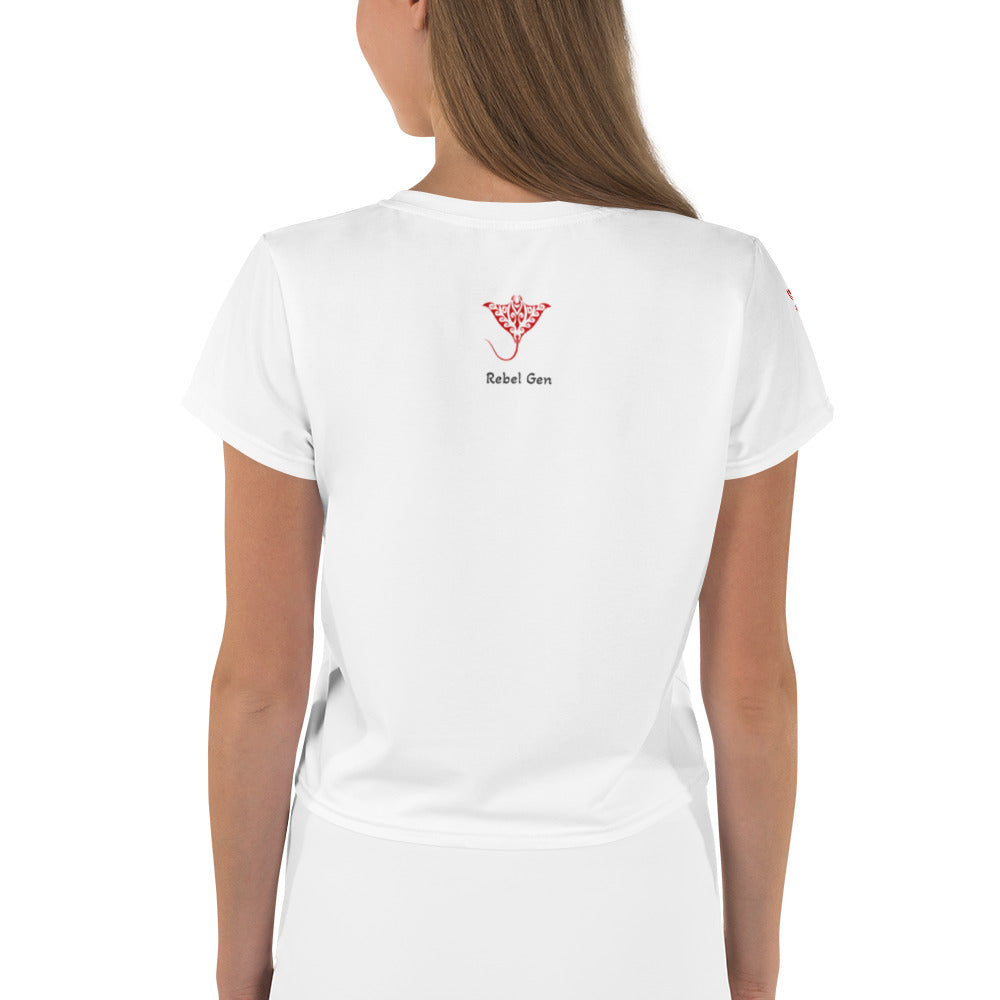 Activewear for women - Crop t-shirt White with Red Logo & Tags