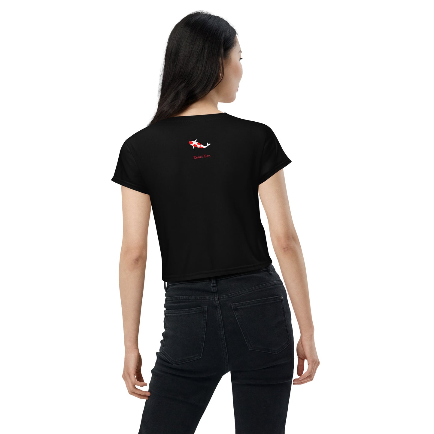 Activewear for women - black crop t-shirt with minimalist red logo and tattoos
