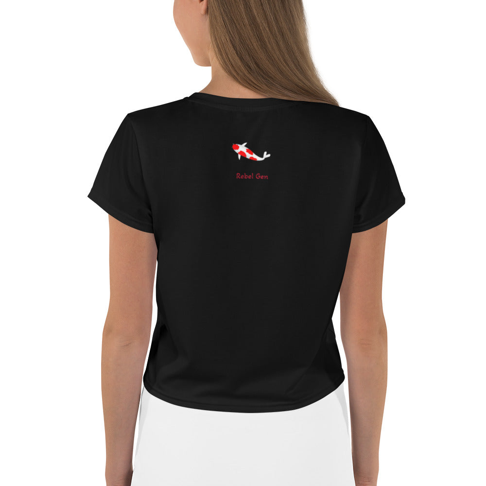 Activewear for women - black crop t-shirt with minimalist red logo and tattoos