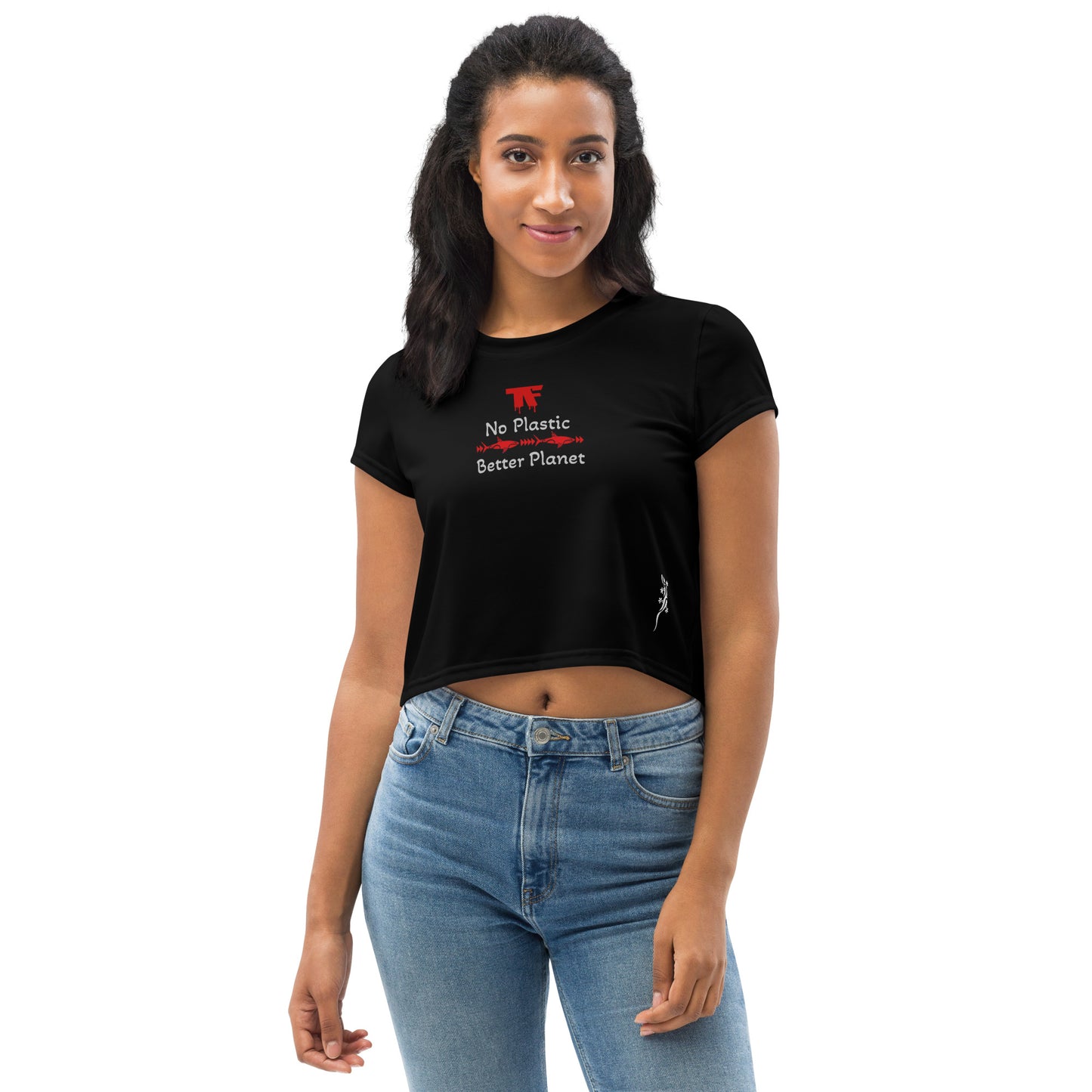 Activewear. Women crop tops black with red tattoos. Slogan : No Plastic Better Planet
