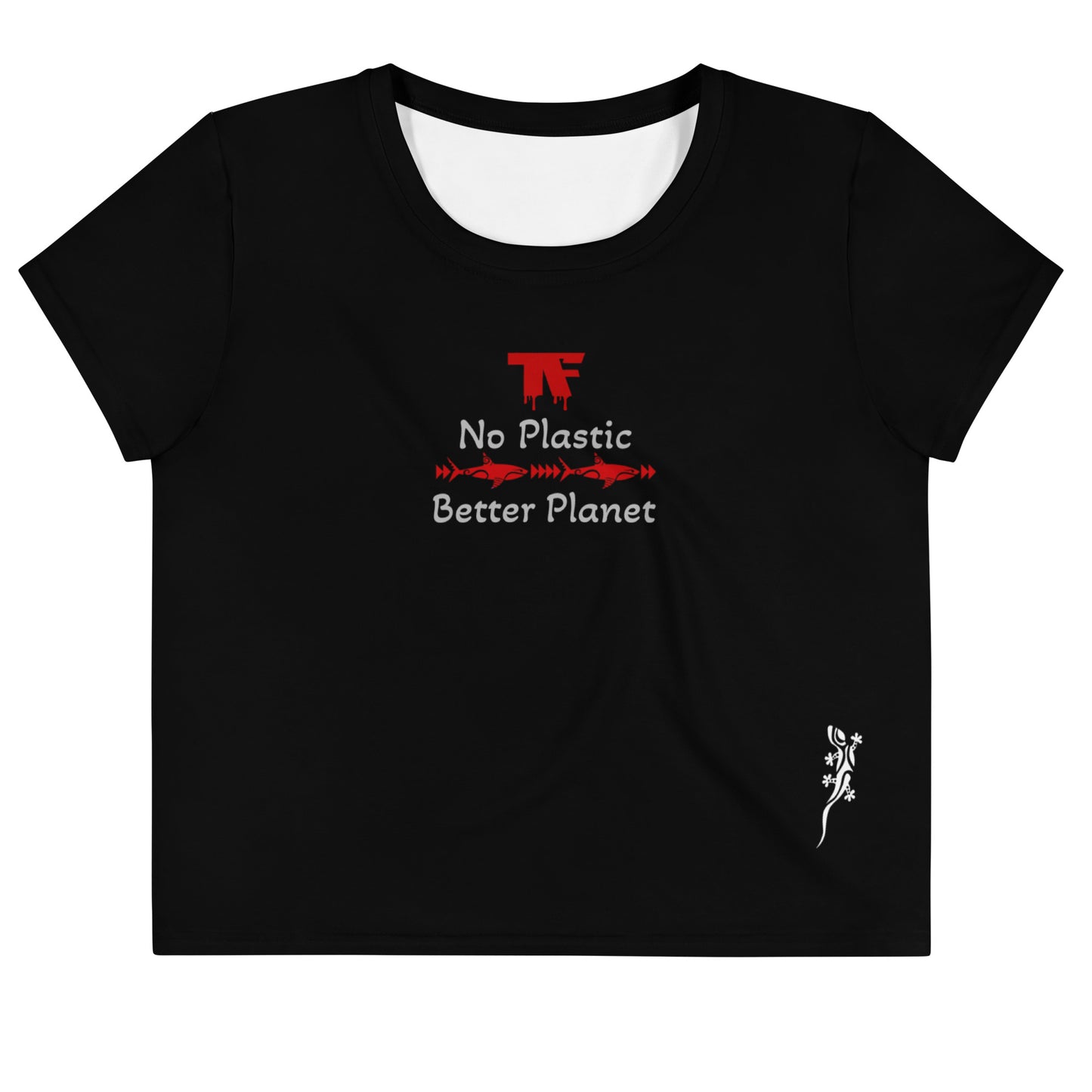 Activewear. Women crop tops black with red tattoos. Slogan : No Plastic Better Planet