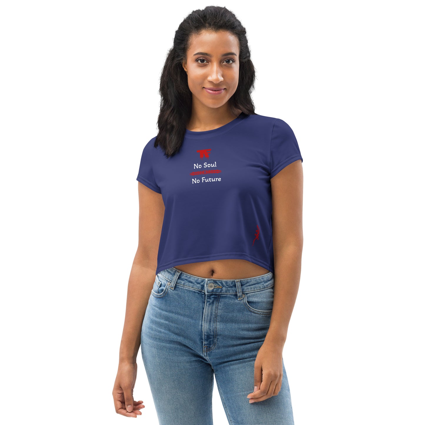 Activewear women crop tops blue indigo with red tags and a 'No Soul No Future' slogan. TheFamous Activewear studio limited edition