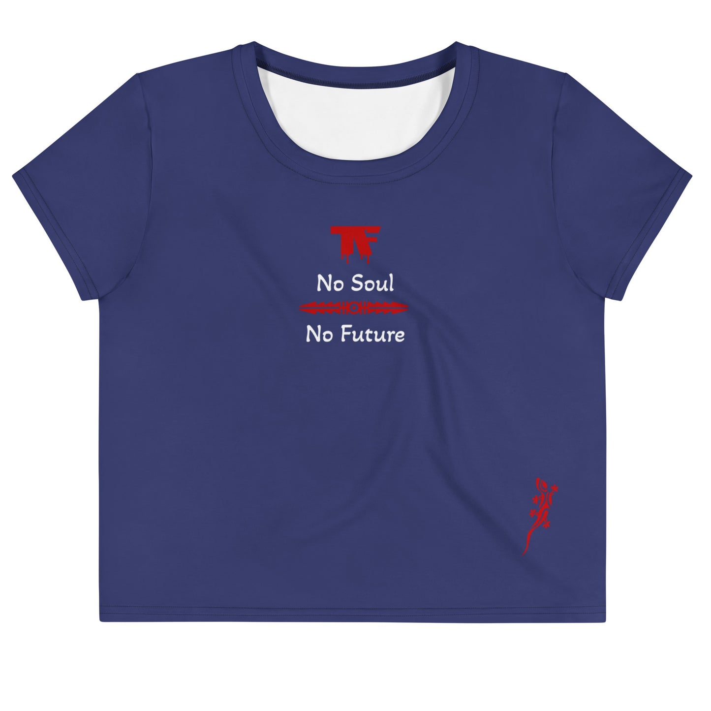 Activewear women crop tops blue indigo with red tags and a 'No Soul No Future' slogan. TheFamous Activewear studio limited edition