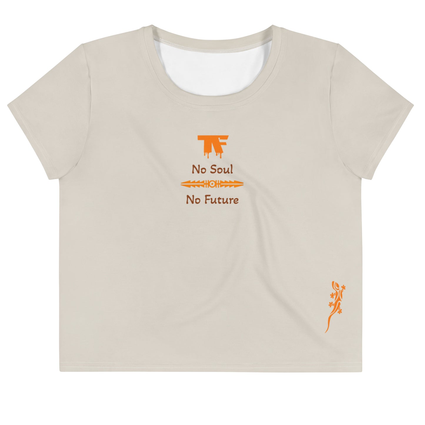 Activewear. women crop tops beige with orange tags and a 'No Soul, No Future' slogan. Limited edition crop tee.