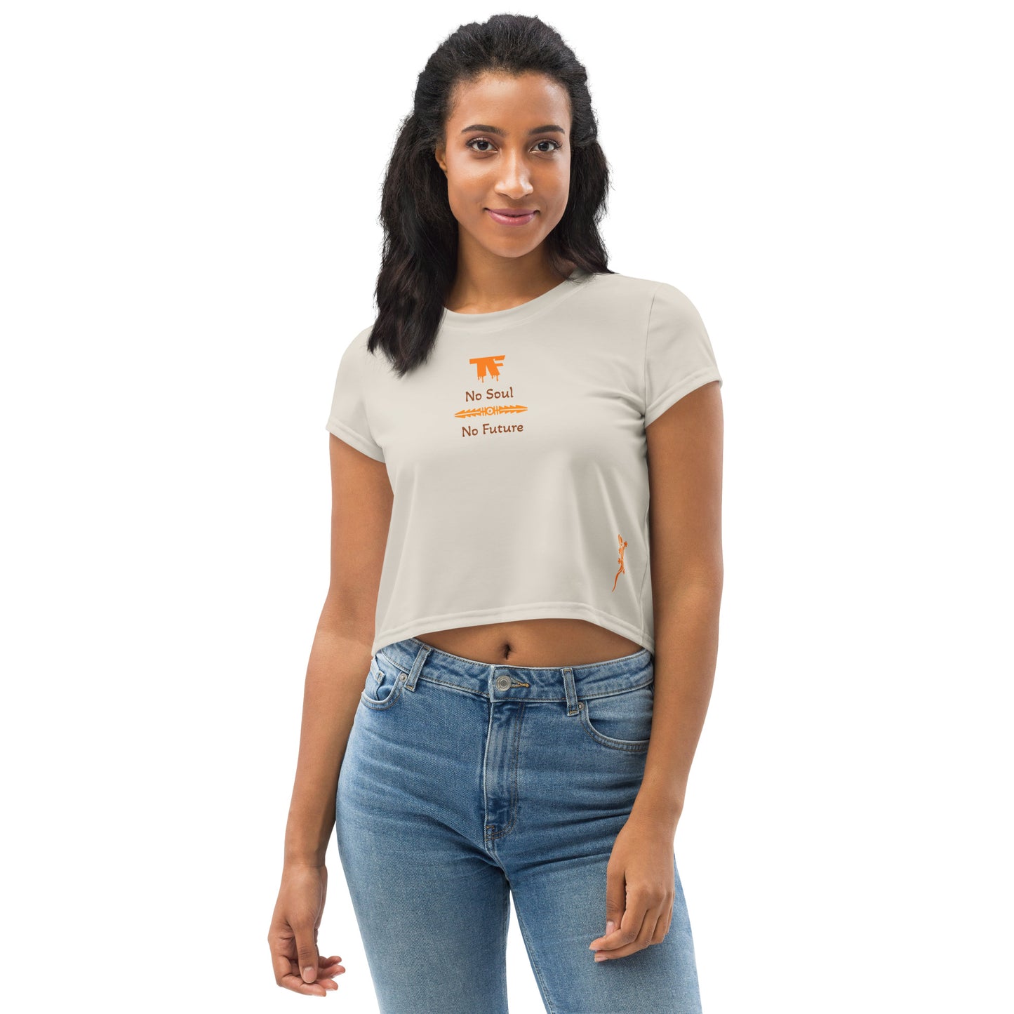 Activewear. women crop tops beige with orange tags and a 'No Soul, No Future' slogan. Limited edition crop tee.