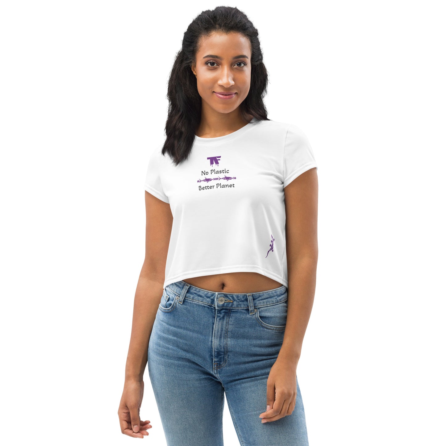 Activewear women crop tops white with purple tags and a 'No Plastic, Better Planet' slogan . Powered by TheFamous activewear studio in limited editions