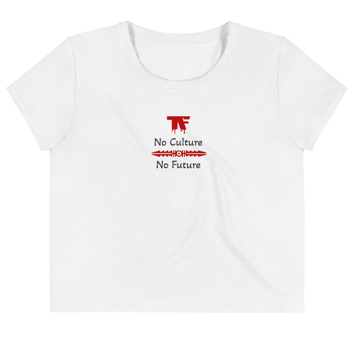 Activewear women crop tops white with red tags and a 'No Culture No Future' slogan. Powered by TheFamous Activewear Studio in Limited editions