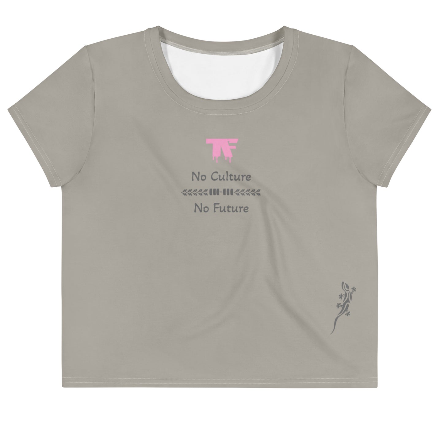 Activewear for women. Crop tops Khaki with pink logo and a 'No Culture No Future' slogan