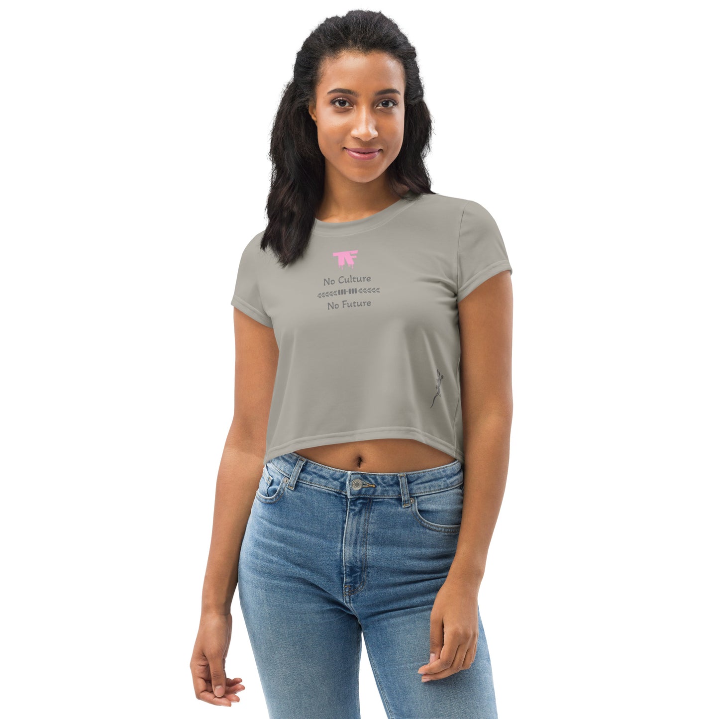 Activewear for women. Crop tops Khaki with pink logo and a 'No Culture No Future' slogan